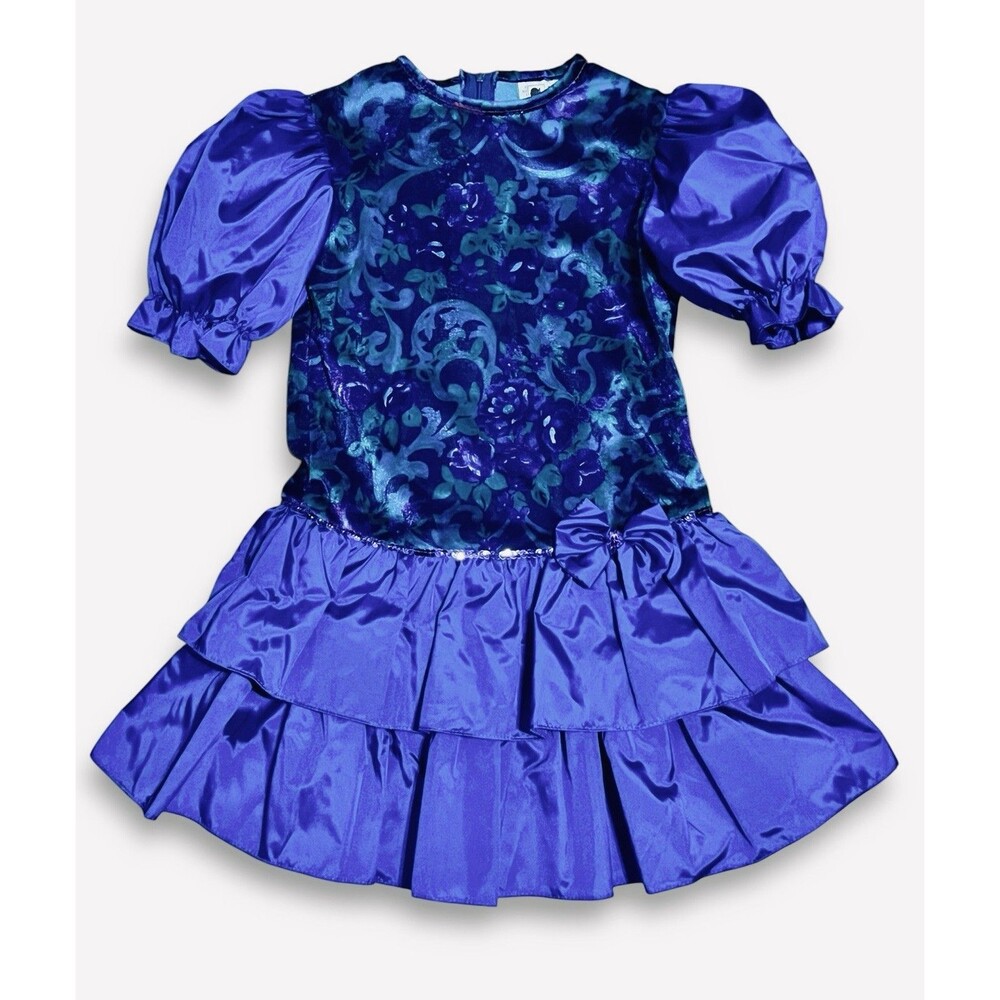 Vintage 80’s Party Dress Purple Teal Velvet Bodice Taffeta Girls Sz 6 USA